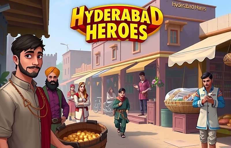 Hyderabad Heroes - Interaction with local characters in traditional market Hyderabad Heroes gameplay showing a traditional market scene with local characters