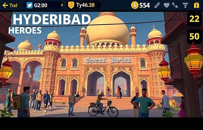 Hyderabad Heroes - Gameplay featuring Charminar and surrounding markets Hyderabad Heroes gameplay showing Charminar area with traditional markets